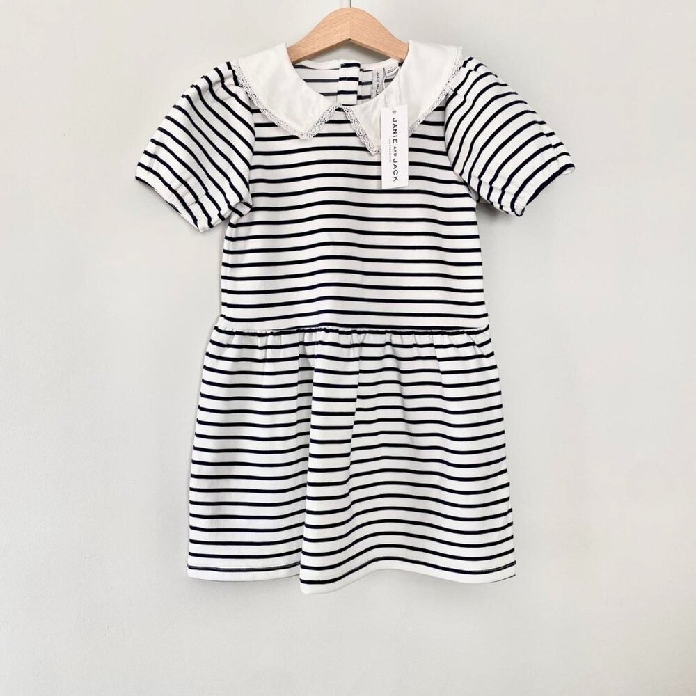 NWT Janie & Jack Collared Striped Ponte Merchant Marine Navy White Stripe Dress